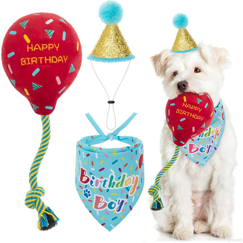 Dog Birthday Bandana Hat Balloon Plush Toy Set, Cute Pet Happy Birthday Accessory Puppy Chew Toy for Dogs Cats Puppies Light Blue - PawsPlanet Australia