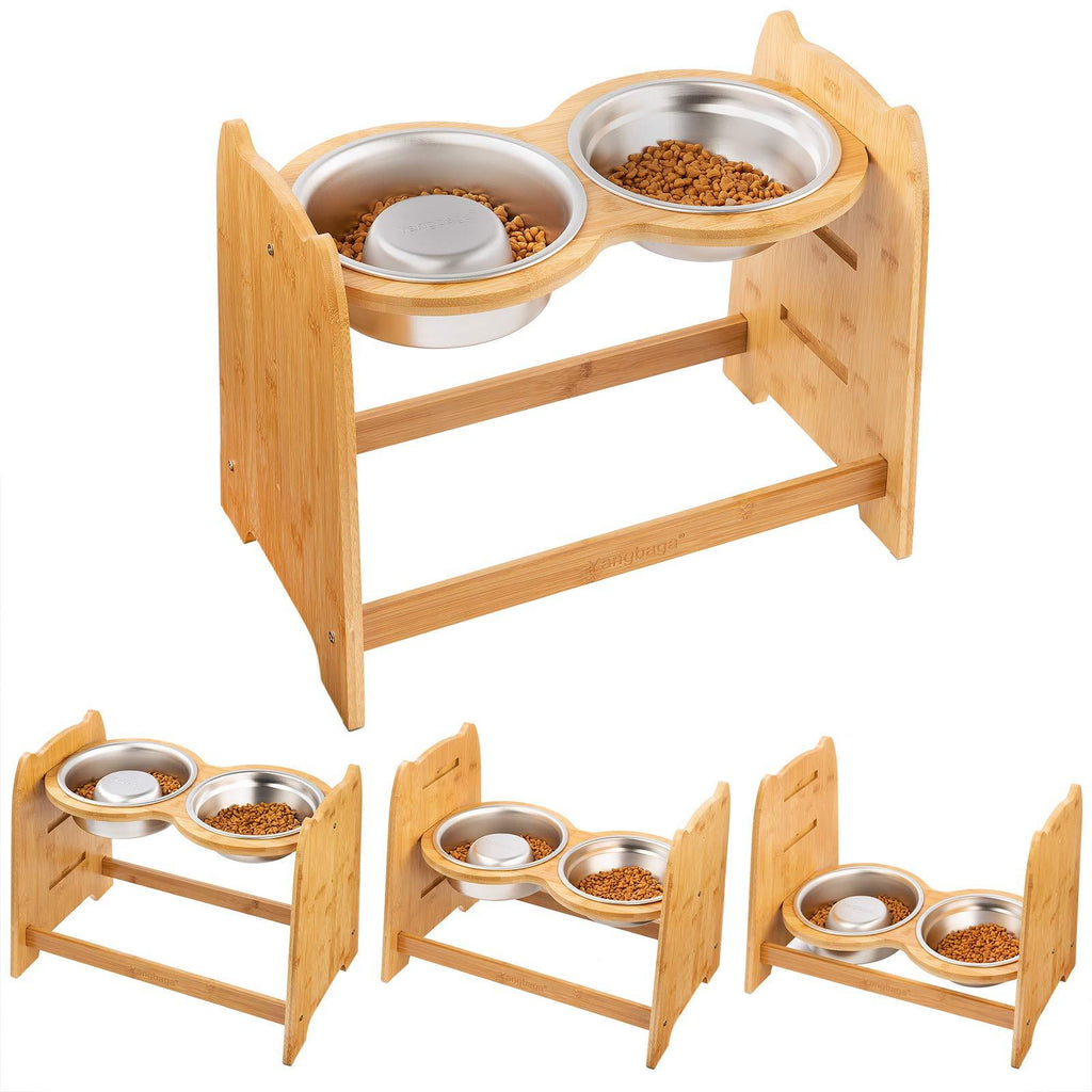 Yangbaga Raised Dog Bowl, Bamboo Elevated Dog Bowl for Dogs and Cats, 3 Adjustable Heights with 2 Stainless Steel Bowls, Comes with Anti-Slip Rubber Feet and Noise Preventing Pieces - PawsPlanet Australia