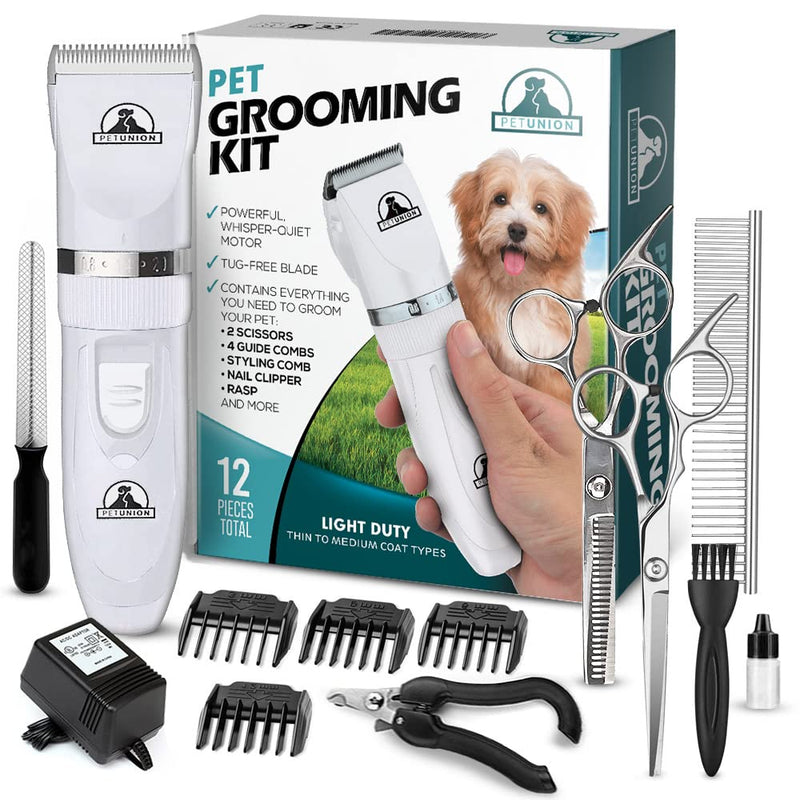 Pet Union Professional Dog Grooming Kit - Rechargeable, Cordless Pet Grooming Clippers & Complete Set of Dog Grooming Tools. Low Noise & Suitable for Dogs, Cats and Other Pets (White) White - PawsPlanet Australia