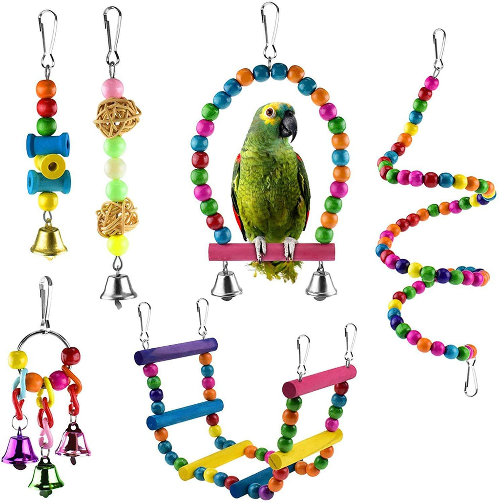 123 Life Bird Parrot Toys Pet Bird Toys Wooden Hanging Stand Ladder Bird Swing Chewing Toys Hanging Bell Pet Bird Cage Hammock Swing Toy Parakeets Cockatiels Conures Macaws Love Birds Finches 6PCS - PawsPlanet Australia