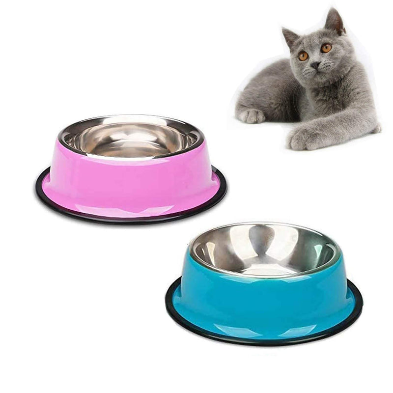 2 Stainless Steel cat bowl, colorful cat food bowl With Non-slip Rubber Bases, Puppies and Cats Feeder Bowls And Water Bowls (blue/pink) blue/pink - PawsPlanet Australia