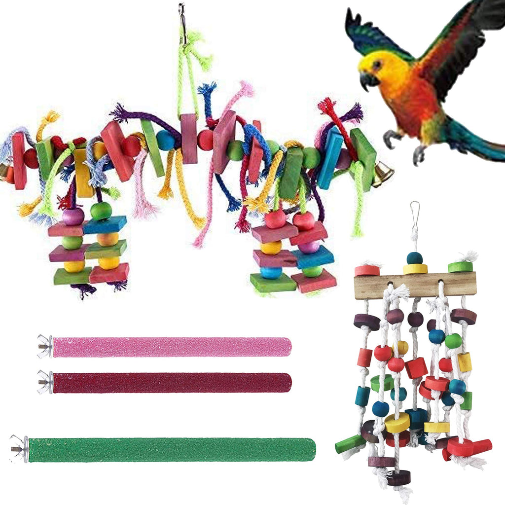 Allazone Bird Parrot Toys, 5 PCS Chewing Toy for Parrot Bird Perch Stand Toy Bird Cage Hammock Swing Toy Wooden Chewing Toy for Conures, Love Birds, Small Parakeets Cockatiels, Macaws - PawsPlanet Australia