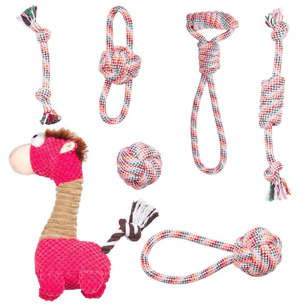 Dog Rope Toys & Plush Squeaky Dog Puppy Toy Set, Durable Dog Teething Toys Natural Cotton Ropes Chew Toy for Aggressive Chewers Non-Toxic Safe Interactive Toy for Small Medium Large Dogs Pink Horse - PawsPlanet Australia