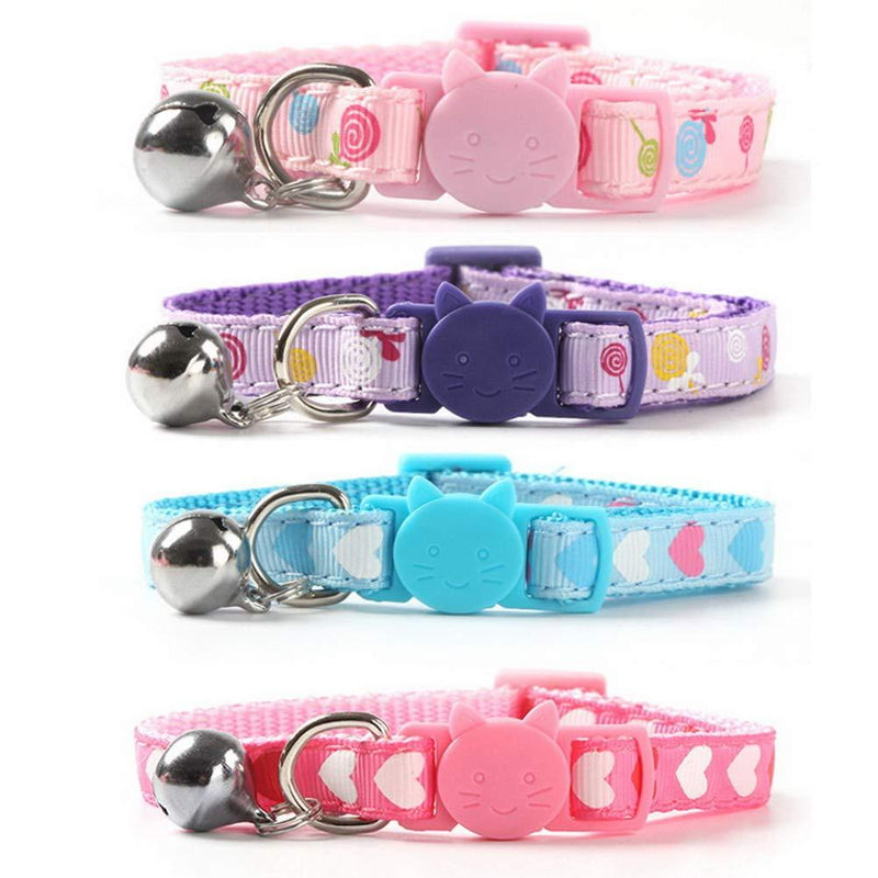 nuoshen 4 Pack Quick Release Cat Collar with Bell, Colorful Patterned Nylon Collar Adjustable Safe Breakaway Kitten Collar for Puppy&Kitten(Candy&Heart Pattern) - PawsPlanet Australia