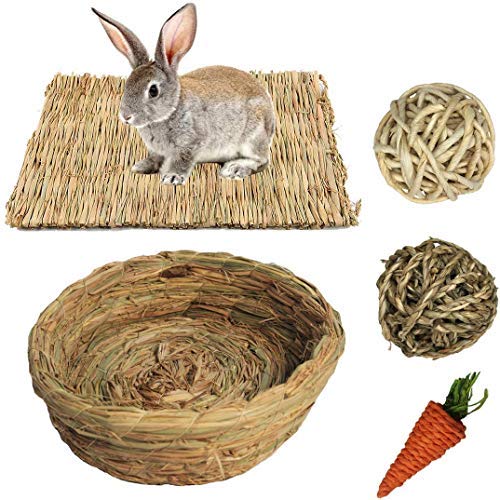 Bunny Grass Mat Woven Bed Mat,Rabbit Digging Hay Straw Resting Basket Bedding Nest,Fun Small Animals Play Balls Rolling Chew Toys Gnawing Treats for Guinea Pig Hamster Chinchilla Parrot (Rabbit love) Rabbit love - PawsPlanet Australia