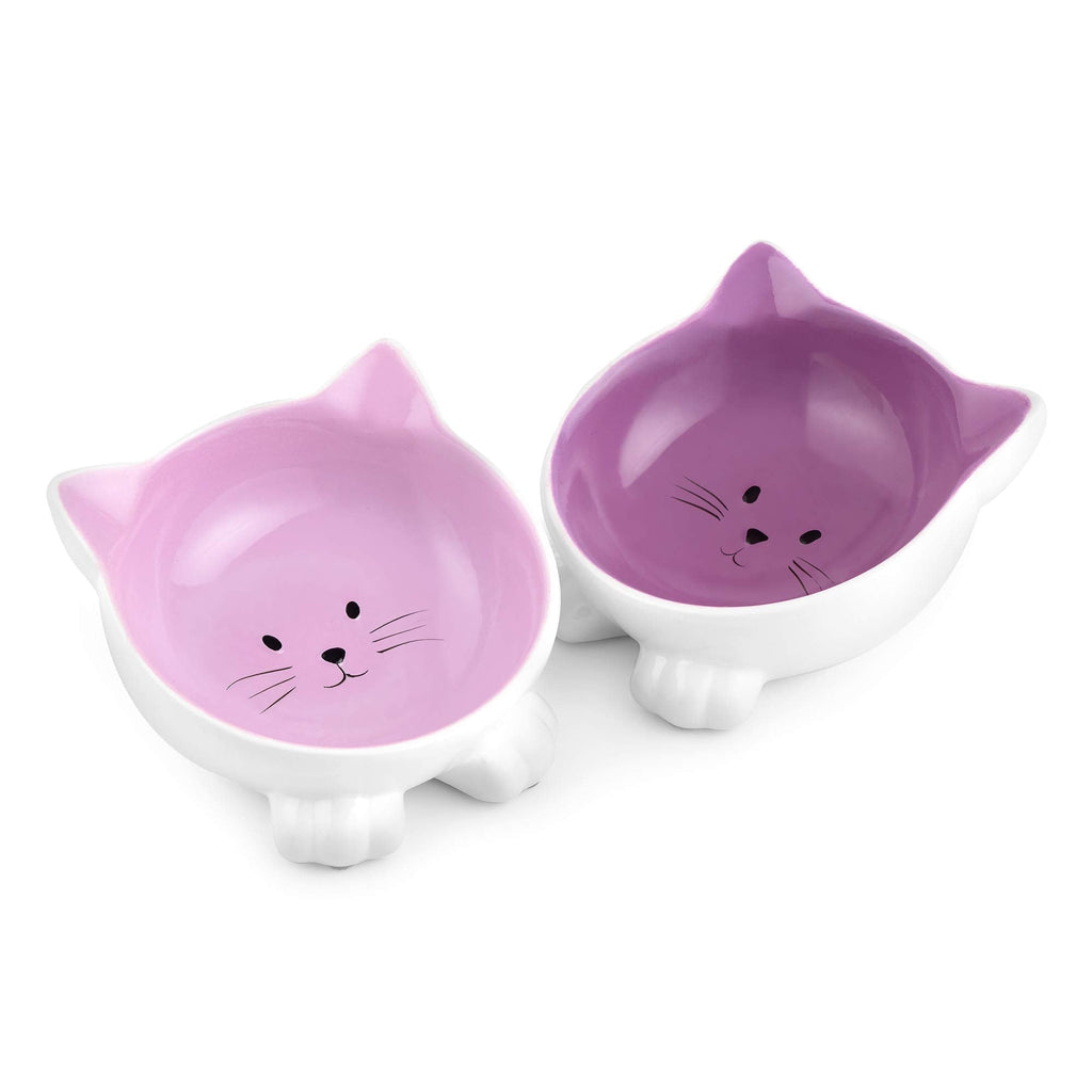 Navaris Cat Bowls with Ears - 2 Pack of Ceramic Cat Feeding Dishes with Anti Slip Silicone Feet - Purple Cat Shaped Food and Water Bowls Set Violet - PawsPlanet Australia