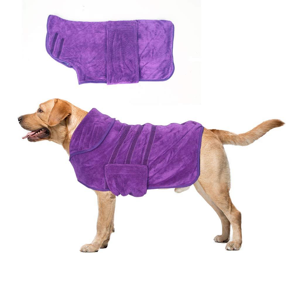 chengsan Dog Bathrobe Towel with Adjustable Strap, Dog Bath Towel, Dog Drying Coat, Pet Drying Moisture Absorbing Bath Robe, Soft Absorbent Microfiber Fast Drying Coat for Puppy (M) M: 47cm in Back Length Purple - PawsPlanet Australia