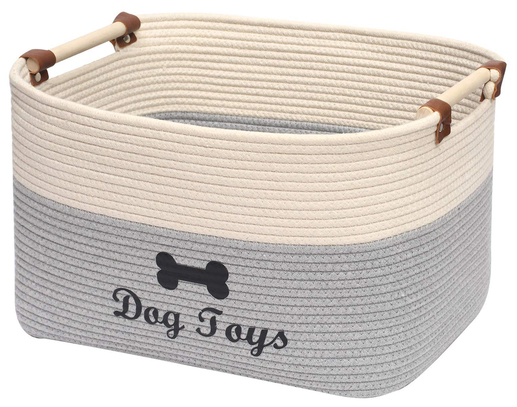 Brabtod Cotton Rope Dog Basket with Wood LeatherHandle Blanket Storage Basket Organizer for Towels, Blanket, Toys, Clothes, Gifts-beige/gray Beige/Gray - PawsPlanet Australia