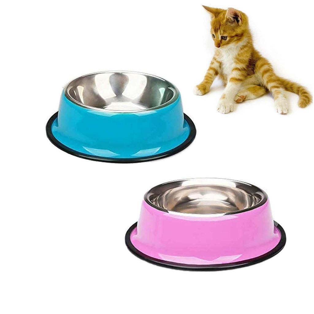 2 Pieces Cat Bowl Stainless Steel Non-Slip and Leak-Proof Cat Food Bowl,Feeding Bowls For Cats， Cat Water Bowl, Multifunctional Pet Food Bowl, Color Food Grade Travel Stainless Steel Food Bowl Cat（S) Pink/Blue - PawsPlanet Australia