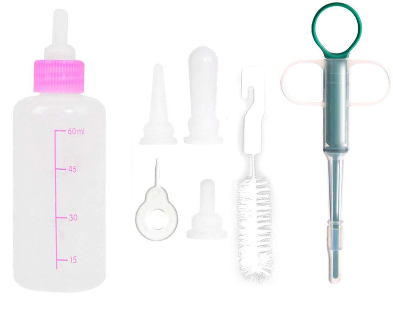 ASFINS Pet Feeding Bottles Kit, 60ML Kitten Feeding Bottle Puppy Nursing Bottle Kit With 4pcs Replacement Nipples, 1pc Nipple Brush and 1pc Green Pet Pill Dispenser (Pink) Pink - PawsPlanet Australia