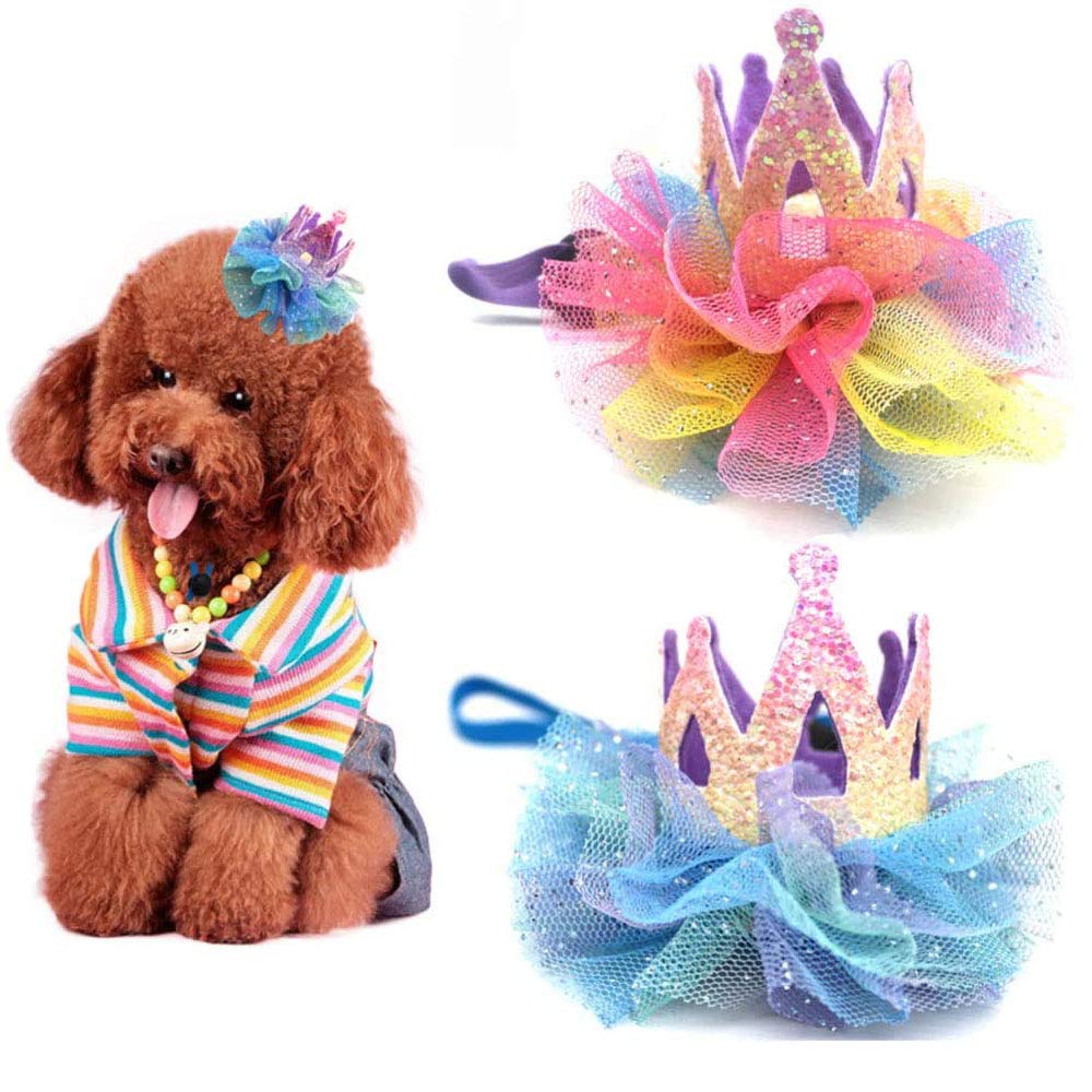 Lepidi 2 Pieces Dog Birthday Hat, Dog Crown Hat, Dog Crown Hair Clip, Birthday Party Flower Crown Hat, Adjustable Adorable Crown Lace Dog Hair Accessories for Festival, Christmas (Purple, Blue) - PawsPlanet Australia