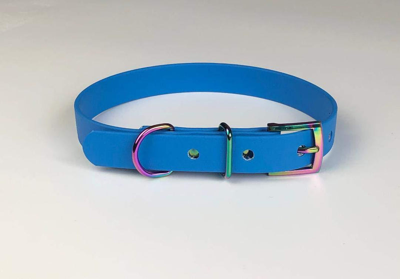 BLUE BIOTHANE RAINBOW BUCKLE DOG COLLAR 13"-17" 33CM-43CM 19MM WIDE MEDIUM WATERPROOF HYPOALLERGENIC VEGAN DURABLE - PawsPlanet Australia