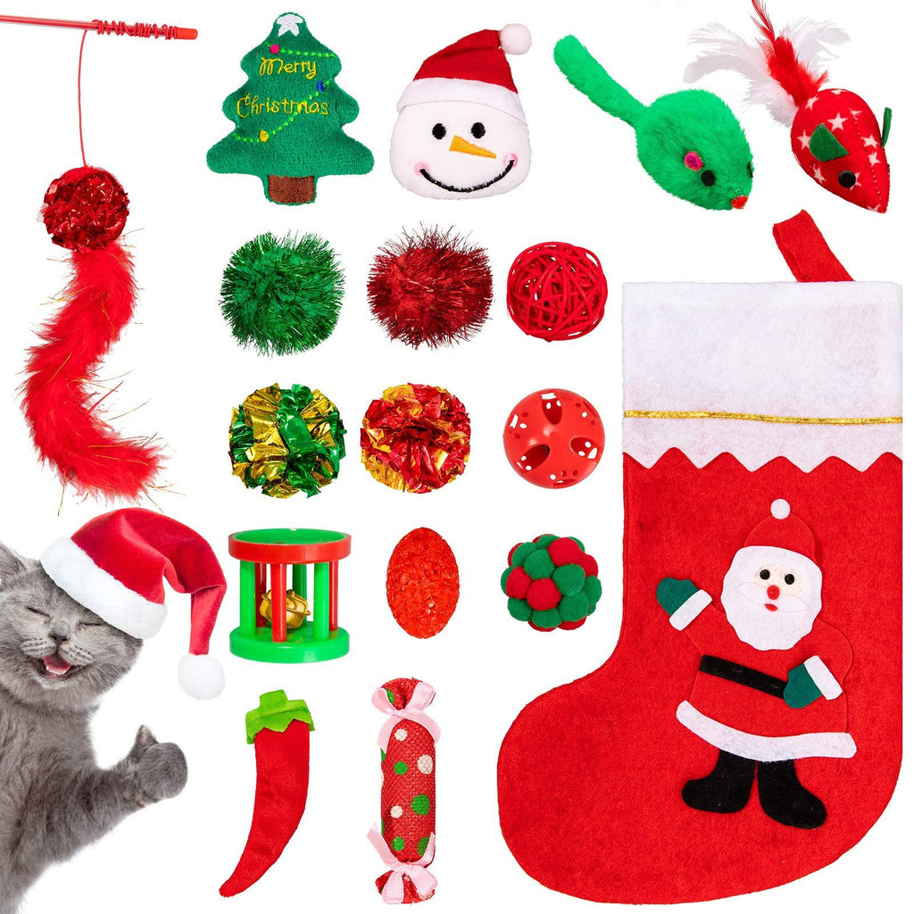 Whaline 17pcs Christmas Cat Toys Stocking Cat Stick 7 Cat Playing Balls Roller Bell 2 Mice Plush Snowman Plush Pepper Plush Christmas Tree Xmas Candy Pompoms Training Supplies for Pet - PawsPlanet Australia