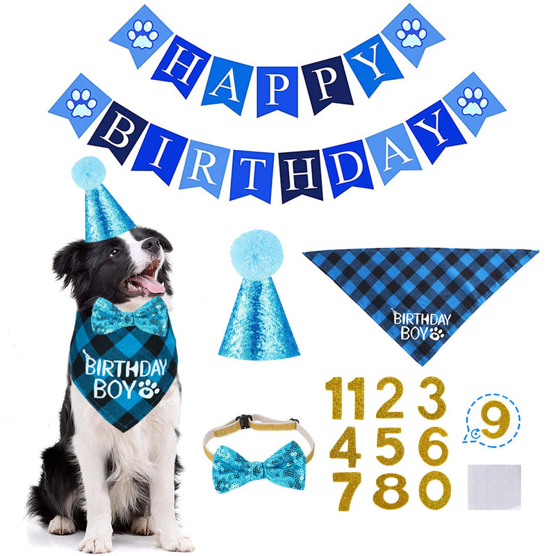 STMK Dog Birthday Bandana, Dog Birthday Party Set, Dog Birthday Boy Bandana Triangle Scarf with Cute Dog Birthday Number Hat Dog Birthday Banner for Dog Birthday Party Supplies (Light Blue) Light Blue - PawsPlanet Australia