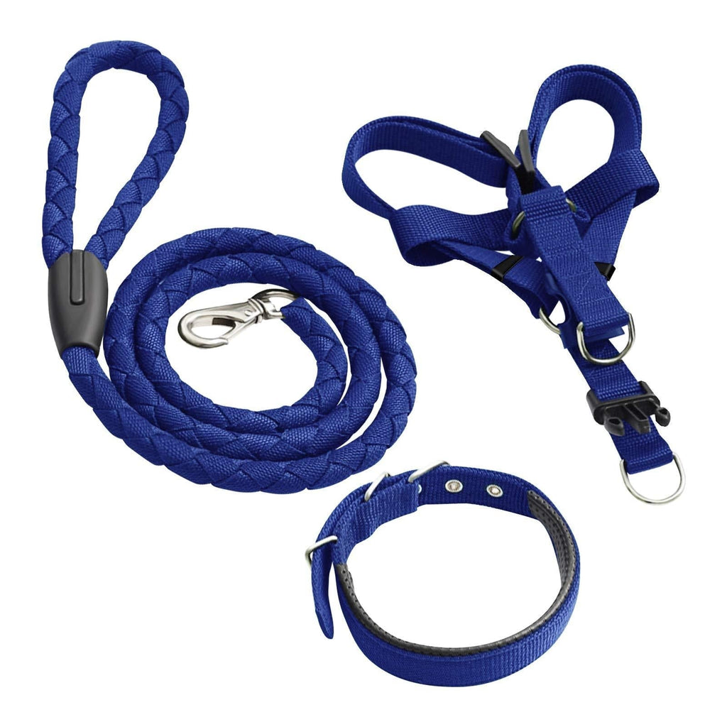 Ousuga Pet Collar Leash Harness Set Padded Soft Breathable Mesh Adjustable Nylon Pull Rope Long Lead Heavy Duty Training Set 3 Pack For Small Medium Large Dog Puppy（Blue） S Blue - PawsPlanet Australia