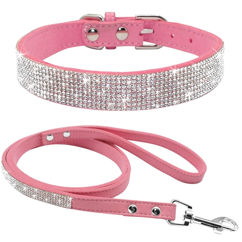 TELEYI Rhinestone Bling Leather Dog Cat Collar & Leash Set Crystal Diamonds Studded Cute Bowknot Puppy Small Dogs Collar Puppy Leash XXS Pink - PawsPlanet Australia