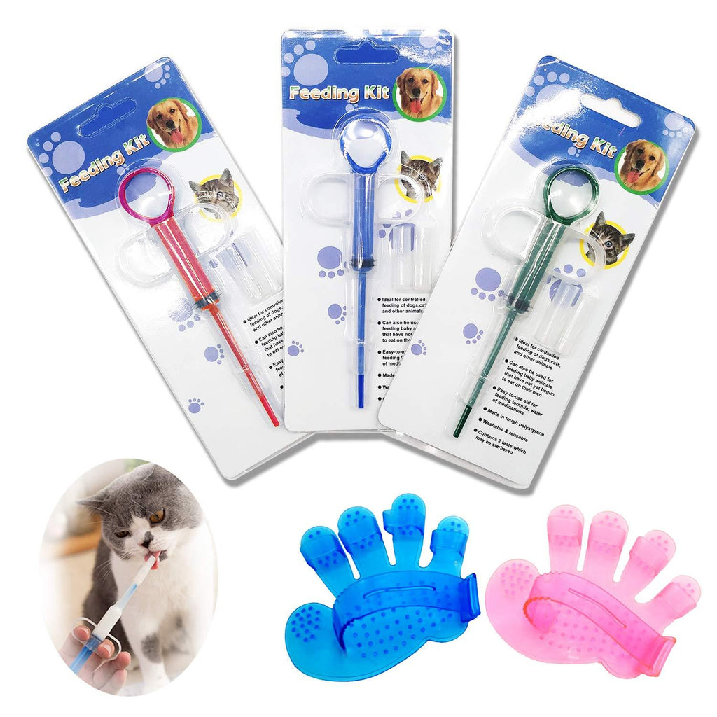 lechengjia 3 Pieces Pet Pill/Tablet Syringe Medicine Feeder Reusable Safety Cat Dog Animal Pill Dispenser Tool for Small Animals,With Pet Grooming Glove,Pet brush (Multicolor) - PawsPlanet Australia