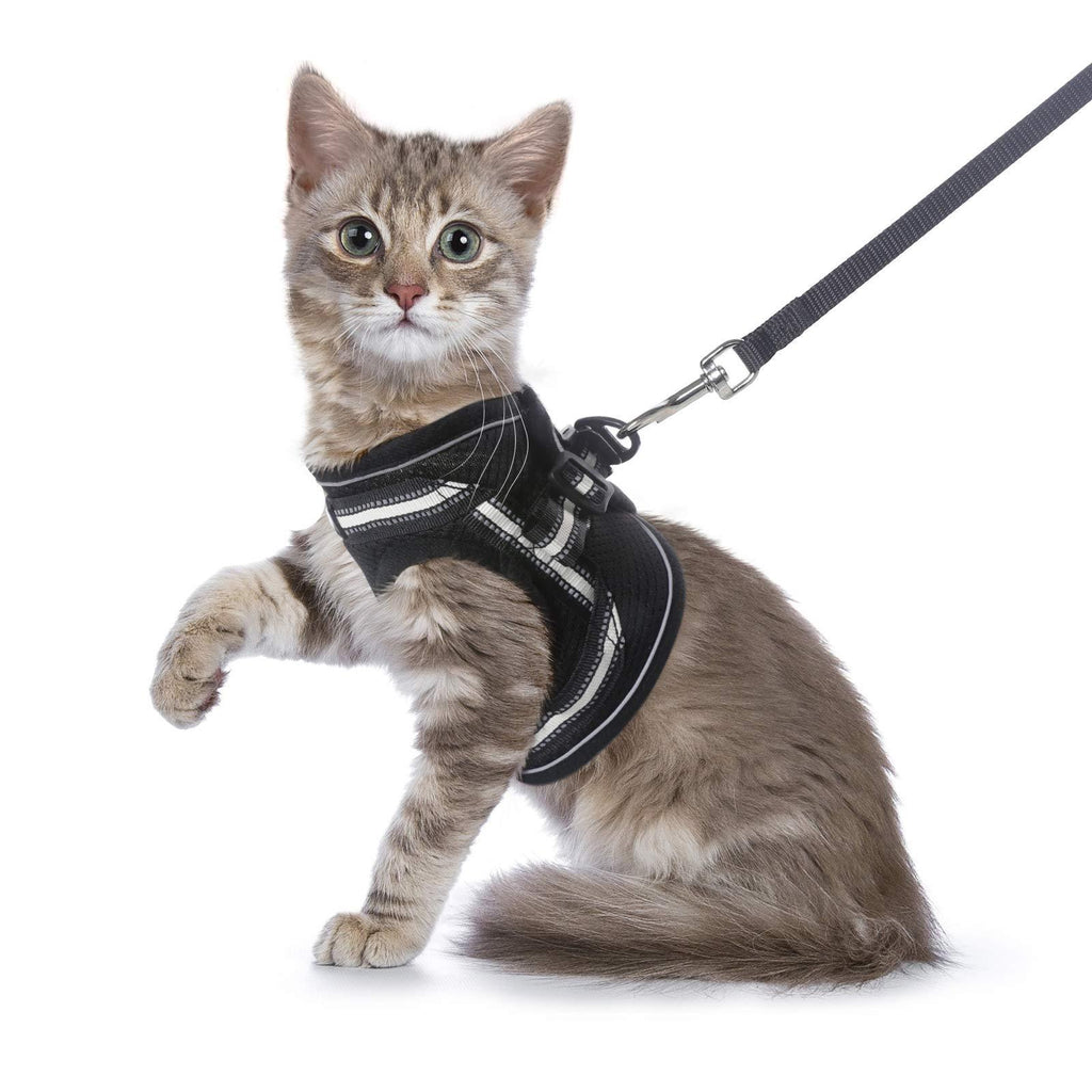 rabbitgoo Cat Harness and Leash Set for Walking Escape Proof, Adjustable Soft Kittens Vest with Reflective Strip for Extra Small Cats, With Safety Buckle Outdoor Vest Harness, Black S - PawsPlanet Australia