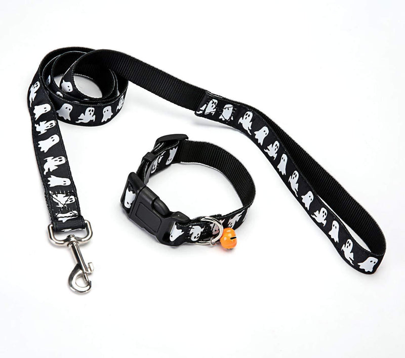 Generous Halloween Dog Collar and Leash Set - Adjustable Halloween Dog Leash and Collar with Fun Patterns,Cute Bell and Metal Buckle (S:9''-12.5'', Black ghost) S:9''-12.5'' - PawsPlanet Australia