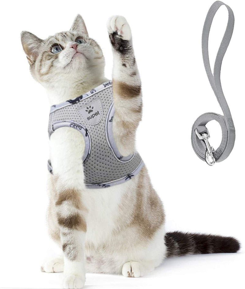Supet Cat Harness and Leash Set for Walking Escape Proof with 2-in-1 Leash and Car Seat Belt Adjustable Harness for Cats Soft Mesh Cat Vest with Reflective Strap for Kitten Rabbit Puppy X-Small (Chest: 10" - 12") Gray 01 - PawsPlanet Australia