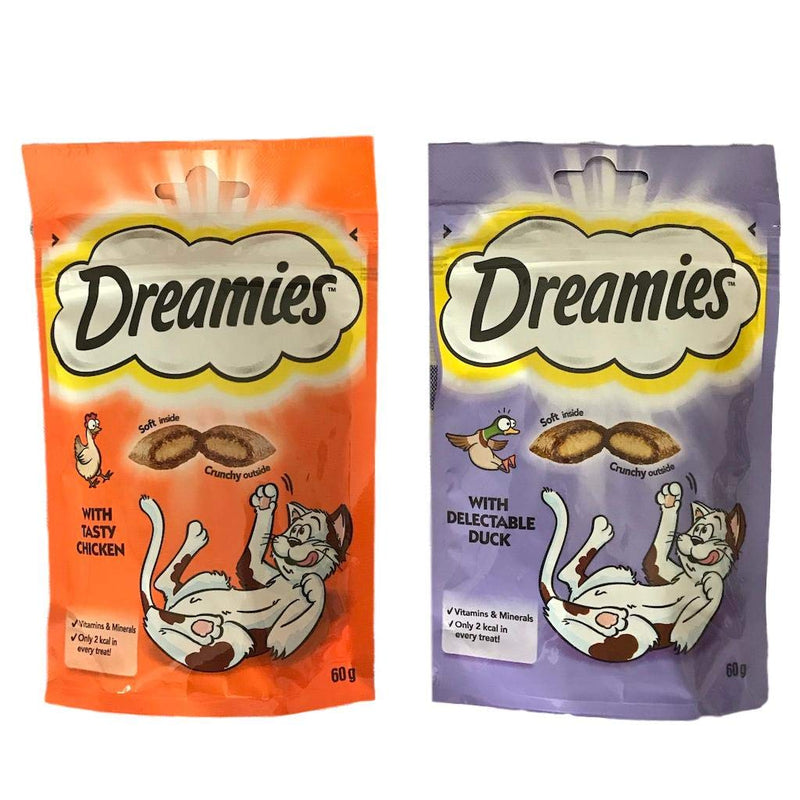 Dreamies Cat Treats Bundle - 2 Flavours - Delectable Duck and Tasty Chicken 60g (one of each) - PawsPlanet Australia