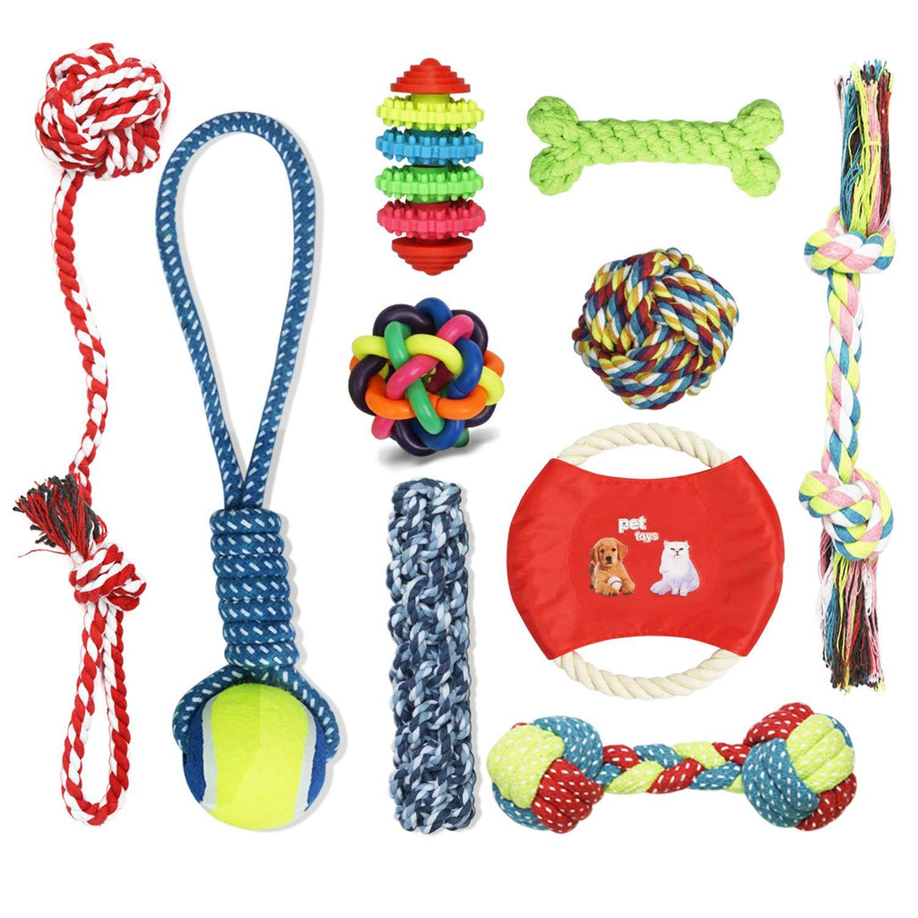 SUKCESO Dog Rope Toys Set. 10 Pcs 100% Cotton Indestructible Interactive Pet Chew Toys for Boredom. Puppy Teething Training Puzzle Toys. Include Ball, Bone, Frisbee for Small Medium Dogs - PawsPlanet Australia