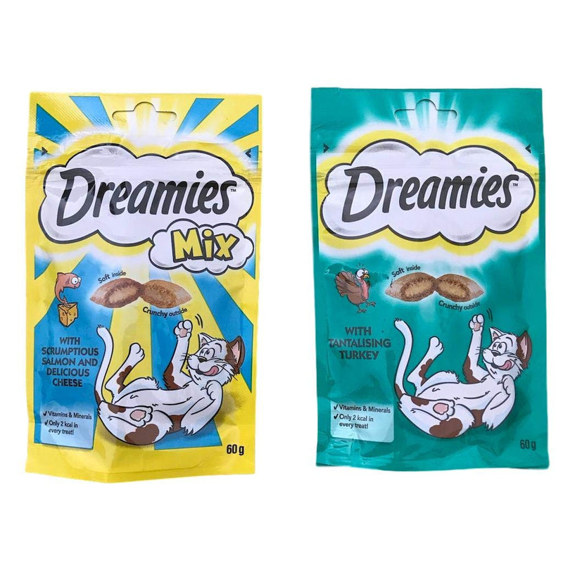 Dreamies Cat Treats Bundle - 2 Flavours - Tantalising Turkey and Scrumptious Salmon & Delicious Cheese 60g (one of each) - PawsPlanet Australia