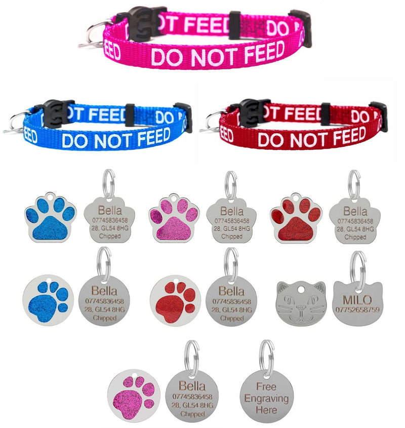 LARRYROO Cat Collar DO NOT FEED In Red, Pink Or Blue, Safety Release & Optional Engraved ID Tag (Blue, 25mm Plain Silver Tag) - PawsPlanet Australia