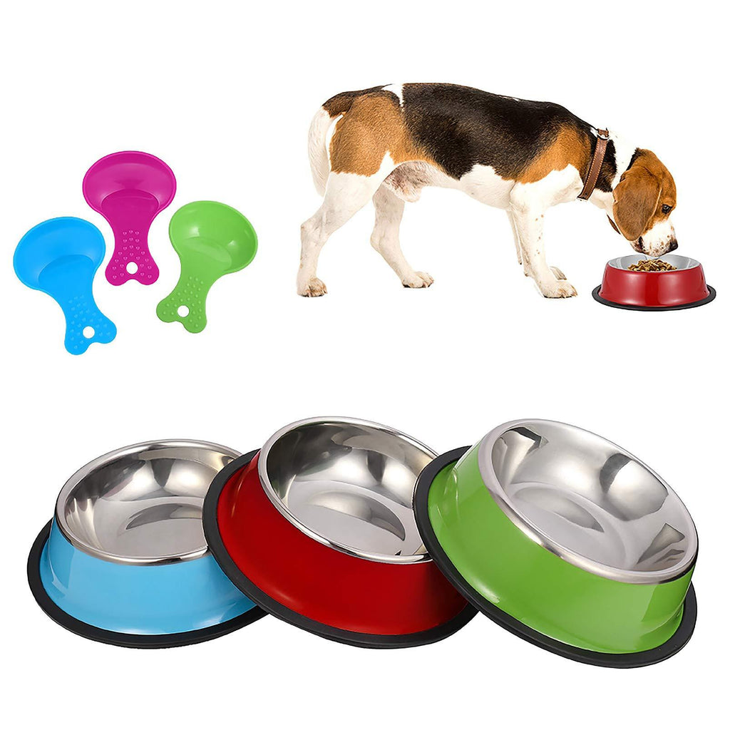 Heyu-Lotus 3 Pack Dog Bowl, Stainless Steel Dog Feeding Bowls with 3 Food Scoops, Anti-slip Small Pet Food & Water Bowl for Small and Medium Dogs, 12oz/350ml (Red, Blue, Green) - PawsPlanet Australia