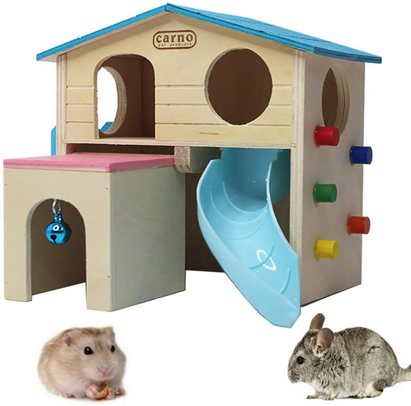 PINVNBY Wooden Hamster House Small Animal Hideout Climbing Ladder Slide Hut Play Toys for Chipmunk Mouse Rat Hedgehog (Blue) Blue - PawsPlanet Australia