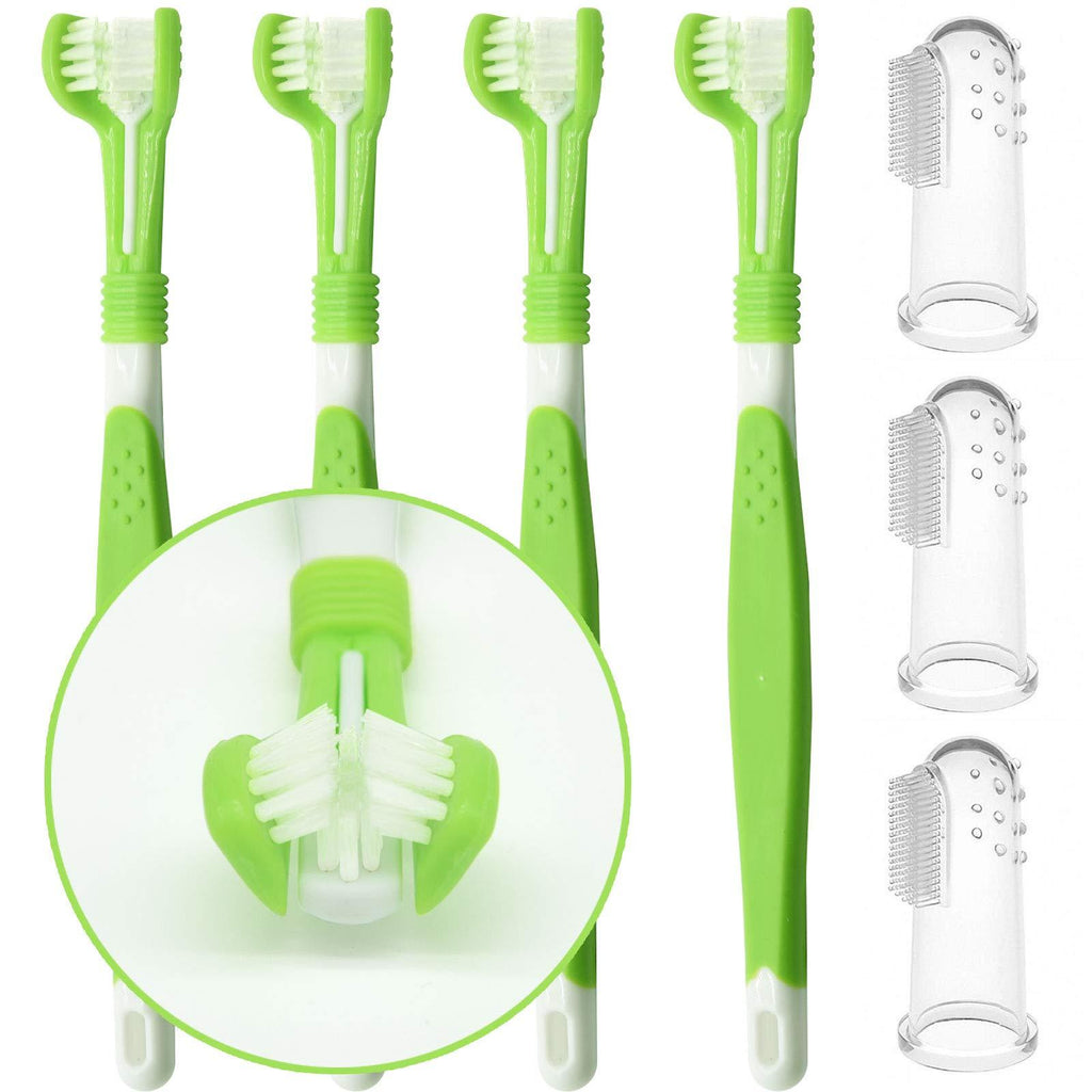 onebarleycorn - 7 Pcs Dog Toothbrush,Triple Head Dog Toothbrushes and Pet Finger Teeth Brush for Dogs Tooth Cleaner Care for Small to Large Dogs Cats Cleaning Mouth Green - PawsPlanet Australia