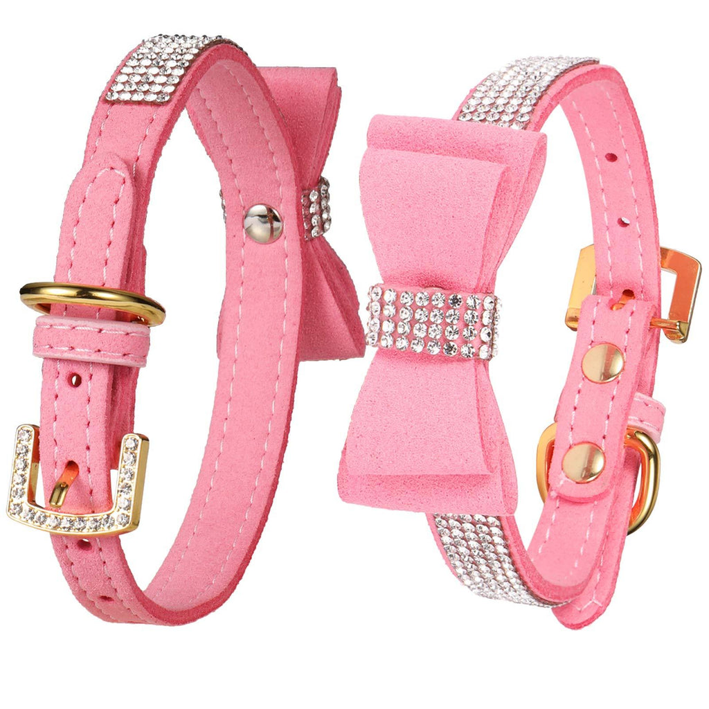 LOVPE Dog Collar/Cat Collar Crystal Velvet Leather with Bow-knot Tie Rhinestone Collars for Puppy/kitten Small Dogs&Cats (XS(Neck for:8-10 Inch), Pink) XS(Neck for:8-10 Inch) - PawsPlanet Australia