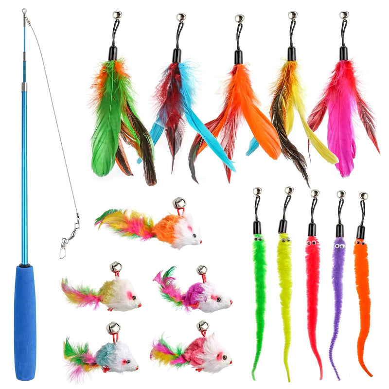 16 PCS Funny Cat Kit Retractable Funny Cat Stick with 5 Caterpillar Cat Toys & 5 Feather & 5 Mouse Replaceable Cat Toys with Bell and Cat Wand - PawsPlanet Australia