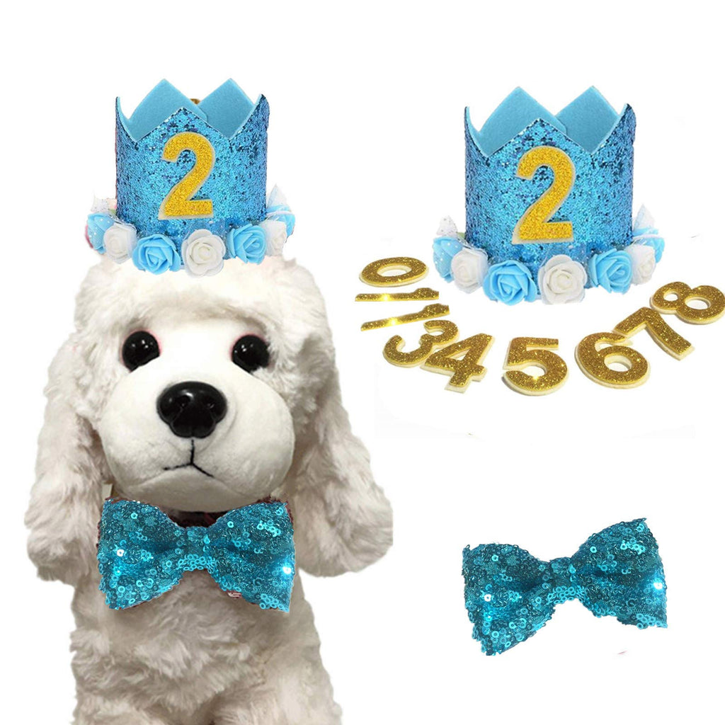Elionless Pet Birthday Hat, Dog Birthday Crown Hat and Bowtie with 0-9 Figures Charms Party Accessories for Small Medium Dogs Cats (BLUE) BLUE - PawsPlanet Australia