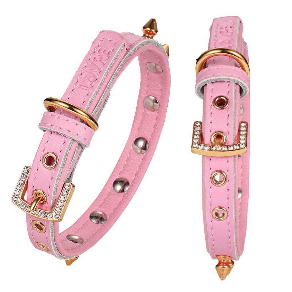 LOVPE Dog Collar/Cat Collar Golden Spiked Studded Double layer Leather Pet Collars with Golden Rhinestone Buckle for Puppy Cats Small Medium Dogs (S, Pink) S - PawsPlanet Australia