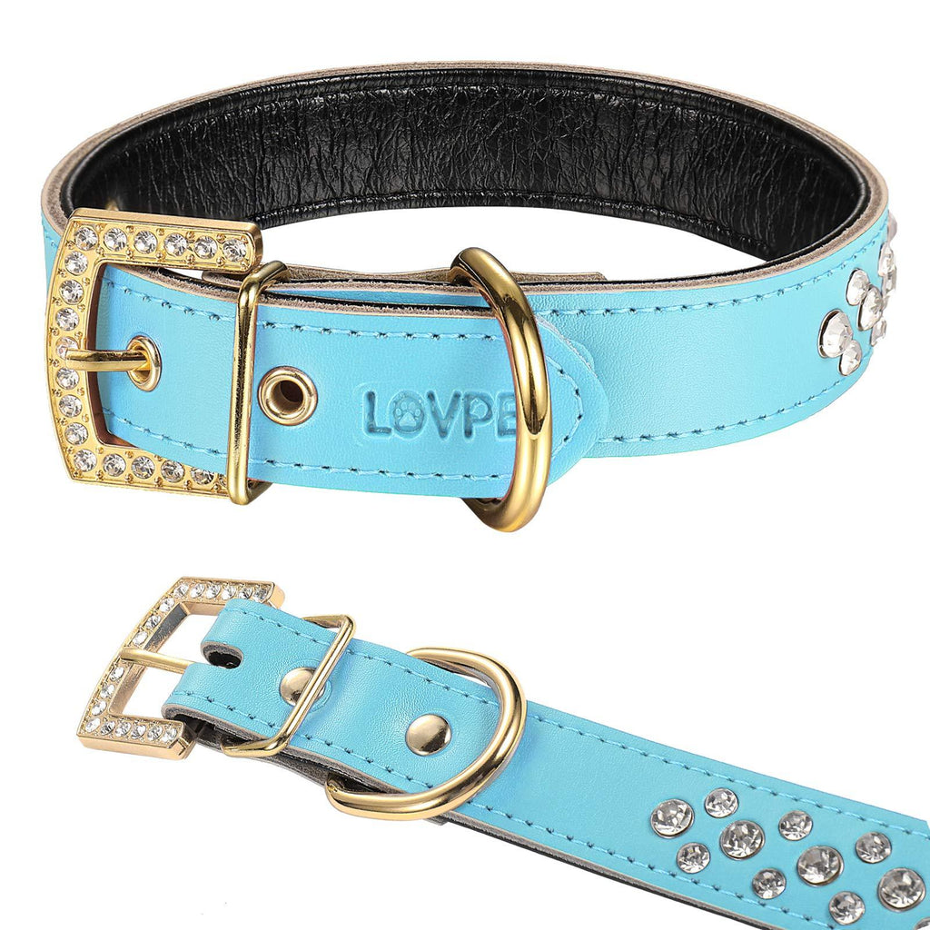 LOVPE Golden Rhinestone Buckle with 3 Rows Personalized Rhinestone Leather Bling Crystal Dog Collar for Dogs Small Medium Breeds (M, Blue) M - PawsPlanet Australia