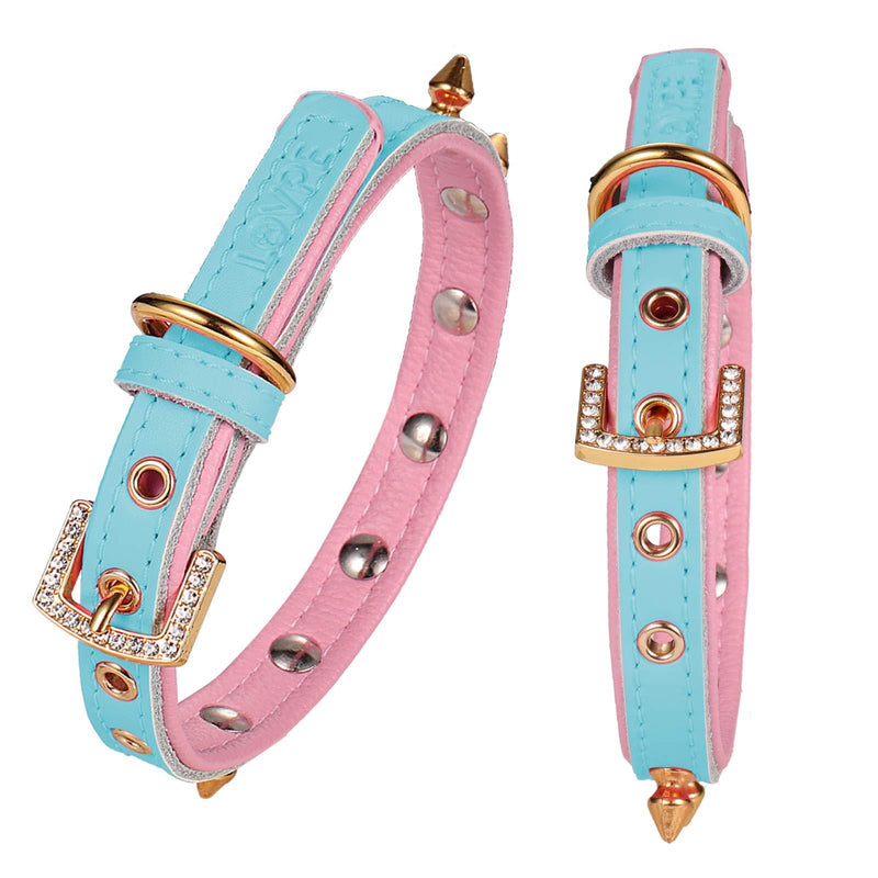 LOVPE Dog Collar/Cat Collar Golden Spiked Studded Double layer Leather Pet Collars with Golden Rhinestone Buckle for Puppy Cats Small Medium Dogs (S, Blue/Pink) S - PawsPlanet Australia