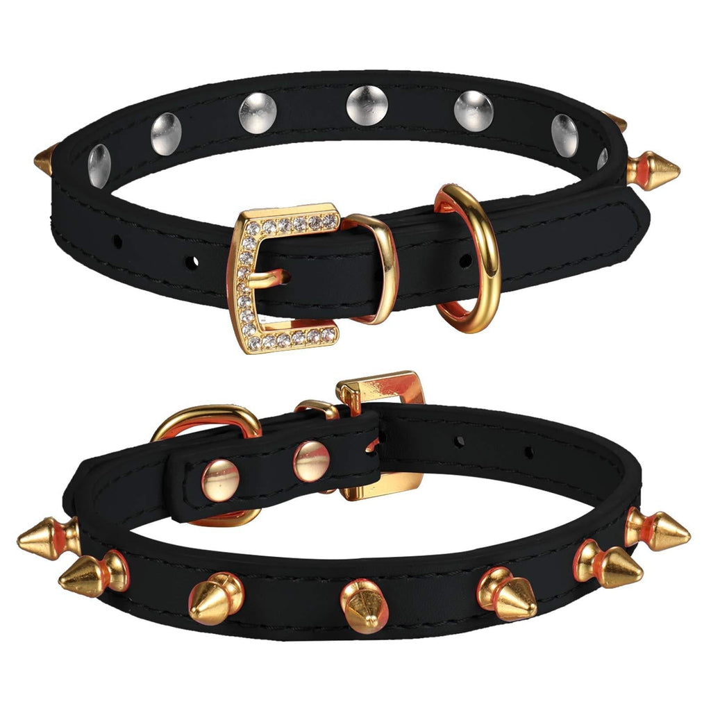 LOVPE Dog Collar/Cat Collar One Row Golden Spiked Studded Leather Pet Collars with Golden Rhinestone Buckle for Small Dog/Cat Puppy Kitty (S, Black) S - PawsPlanet Australia