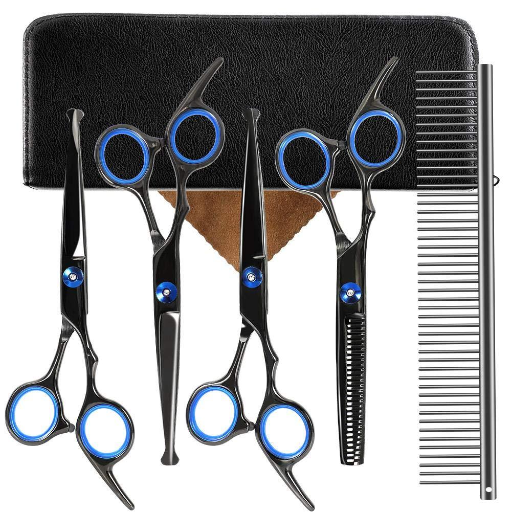 Oumefar 5 in 1 Stainless Steel Pet Trimmer Kit Dog Grooming Scissors Set Hairdressing Shears Set with Round Tip for Cutting - PawsPlanet Australia