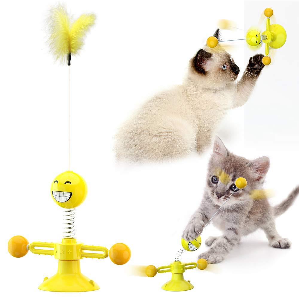 LINKE Interactive Cat Toys 4 in 1 Creative Cat Teaser Feather Toy 360° Roatating with Wall Mount Spring Training Toy (Yellow) (Yellow) Yellow - PawsPlanet Australia