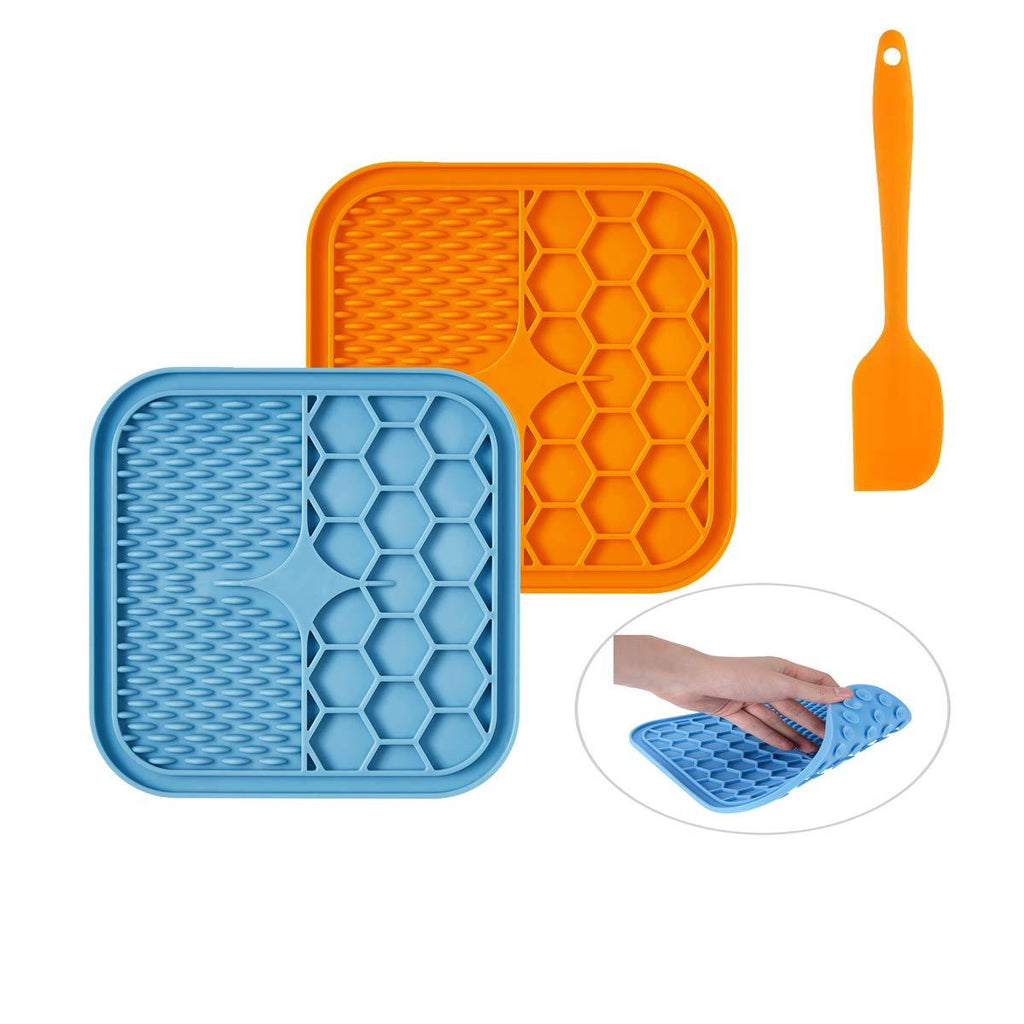 CHICAN 2 pieces of 6-inch pet lick pad + silicone food spatula, silicone pet food utensils, suction cup lick pad, slow food pad, anti-cho slow food dog lick pad (6in-Orange+blue) 6in-Orange+blue - PawsPlanet Australia