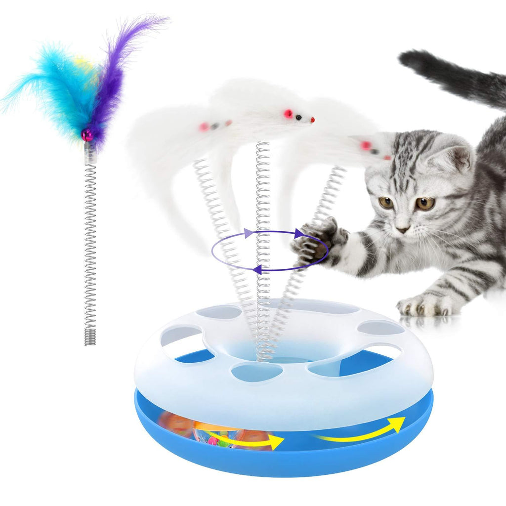 Lewondr Cat Toy Roller, Interactive Funny Toys for Cat Exercise Chaser Training Kitten Toy Cat Scratcher Play Set with a Mouse, Feather and Moving Ball Amusement Turntable Teaser Toy - Blue - PawsPlanet Australia