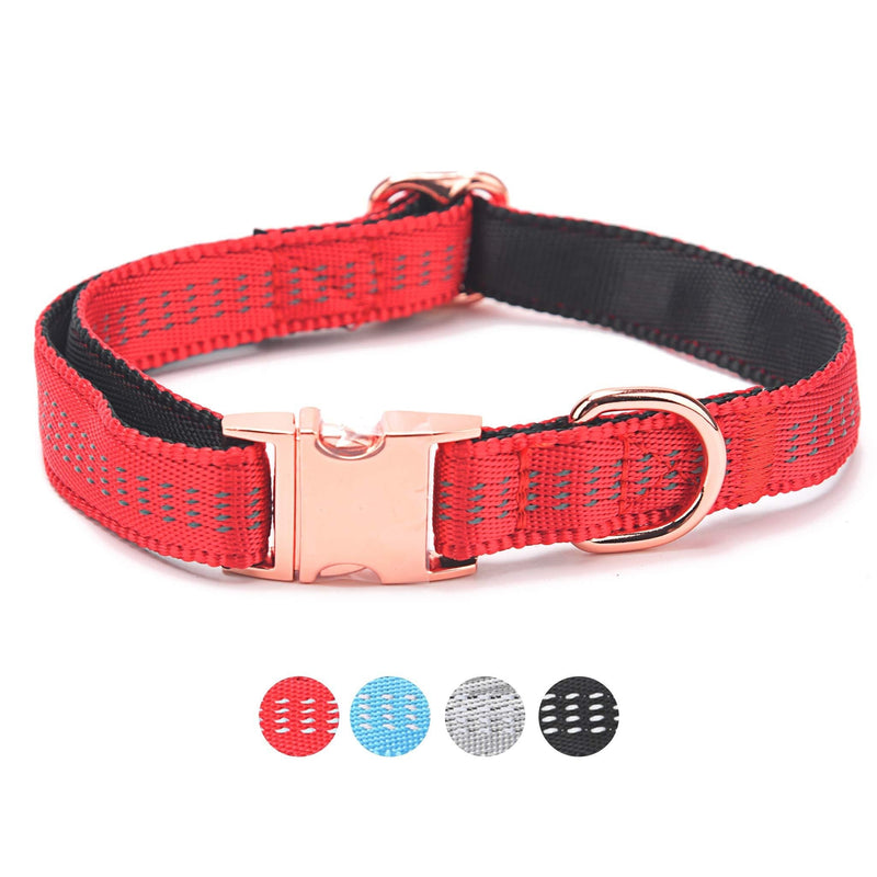 SEKAYISORE 4 Lines Reflective Stitching Dog Collar with Safety Metal Buckle, Adjustable Super Soft Webbing Puppy Collars for Small Medium Large Pet, Red M M Neck Fit 31-50cm/ 12.2-19.7" - PawsPlanet Australia