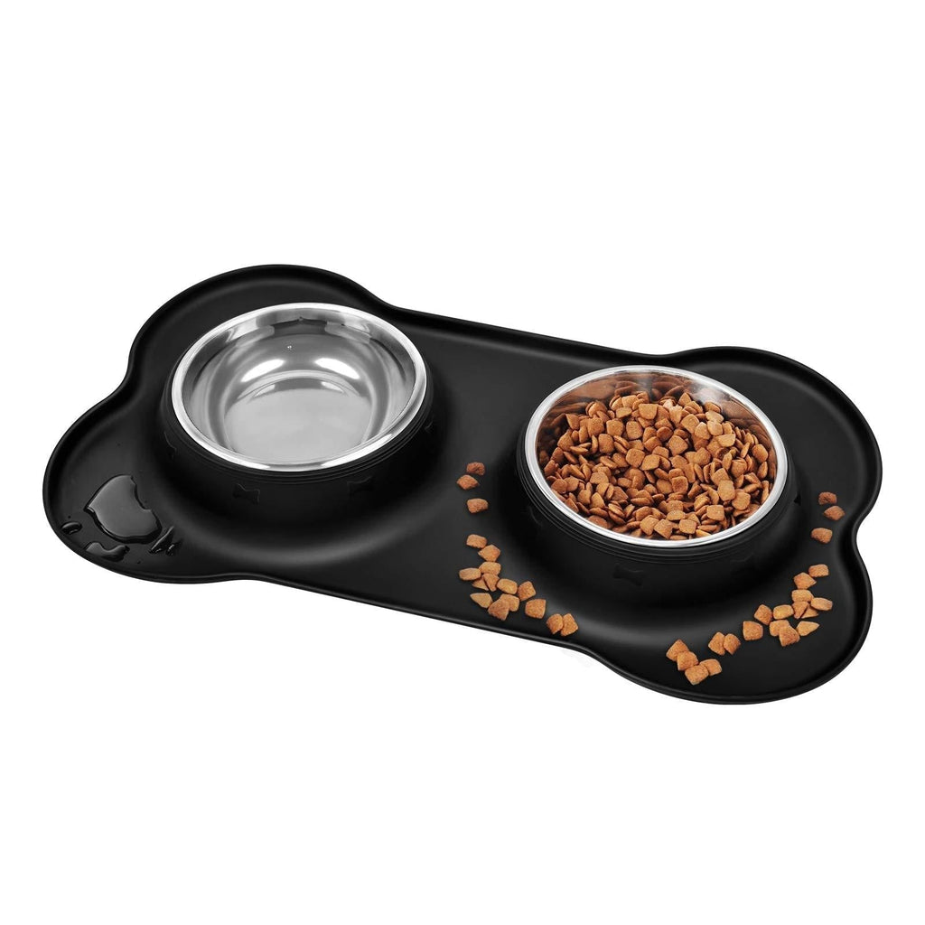 yoka Dog Bowls Non Slip Stainless Steel Double Bowl with Non-Spill Silicone Mats Tray for Cats Dogs Puppies Food Water Feeding (14oz /400ml Each Bowl, Black) - PawsPlanet Australia