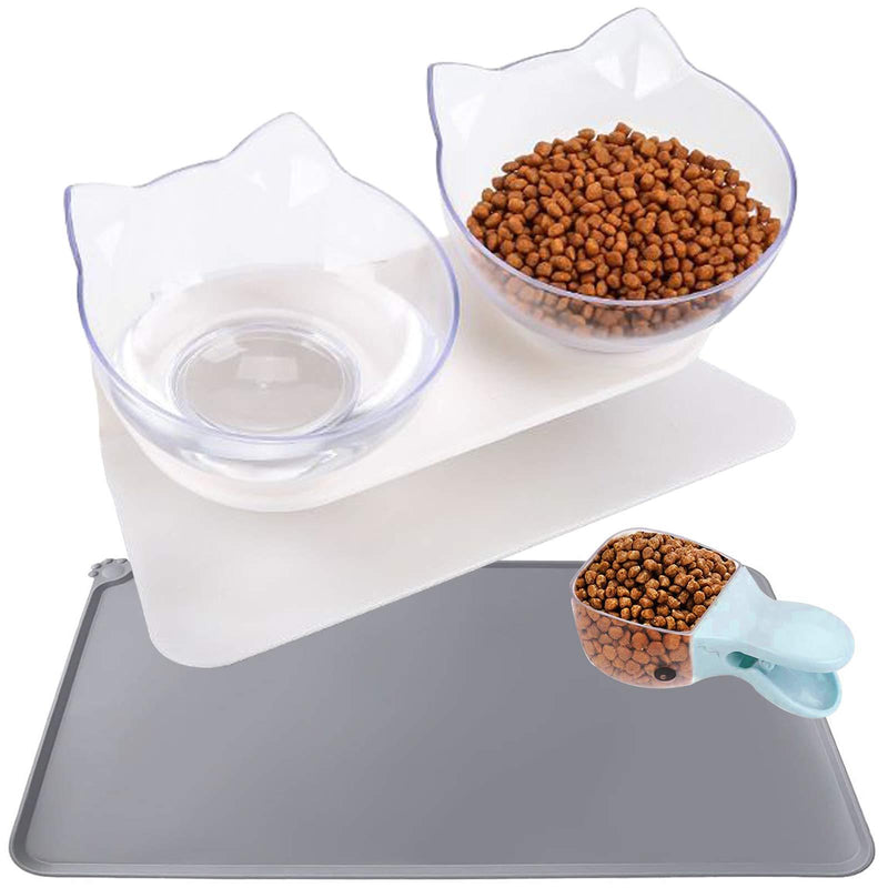 DMSELL (3 Pcs) Cat Bowls/Dog Bowls With Food Scoop and Silicone Pet Feeding Mat, 15°Tilted Double Cat Bowls with Raised Stand, Protect Pets Cervical Vertebra, Transparent Cat Food and Water Bowl Clear+Clear(3 PCS) - PawsPlanet Australia