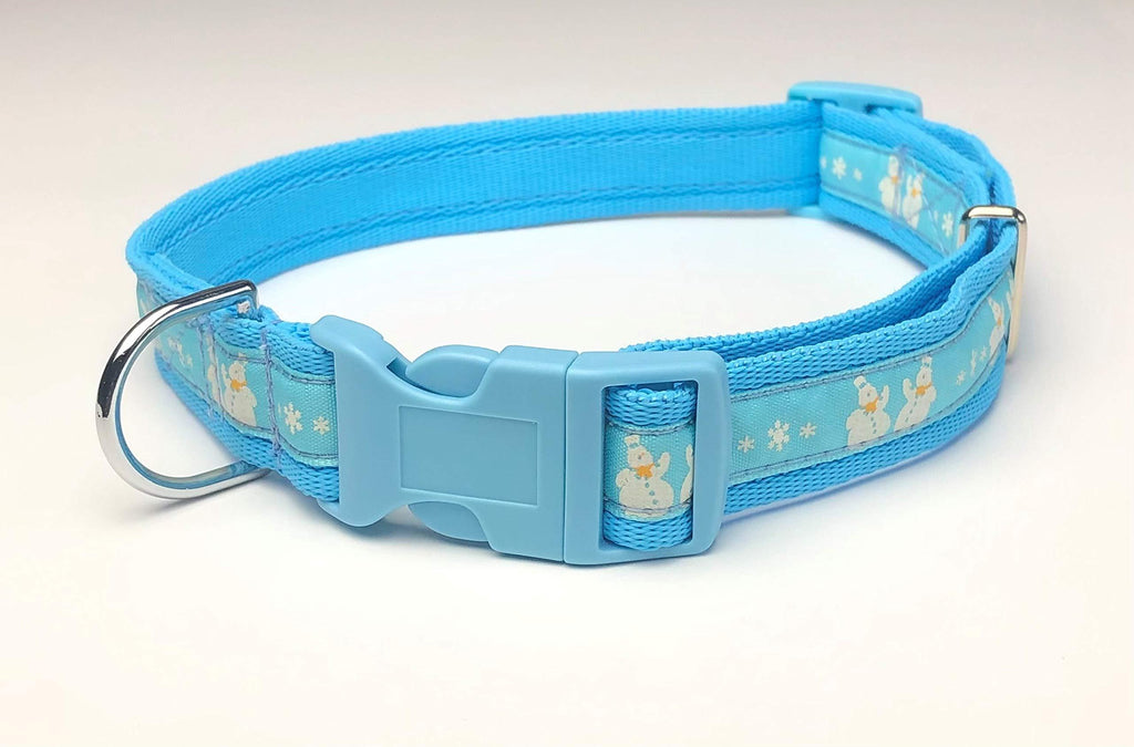 KLASSY K9 CHRISTMAS DOG COLLAR SKY BLUE CUSHION WEBBING WITH CHRISTMAS SNOWMAN DESIGN 1" WIDE LARGE ADJUSTABLE - PawsPlanet Australia