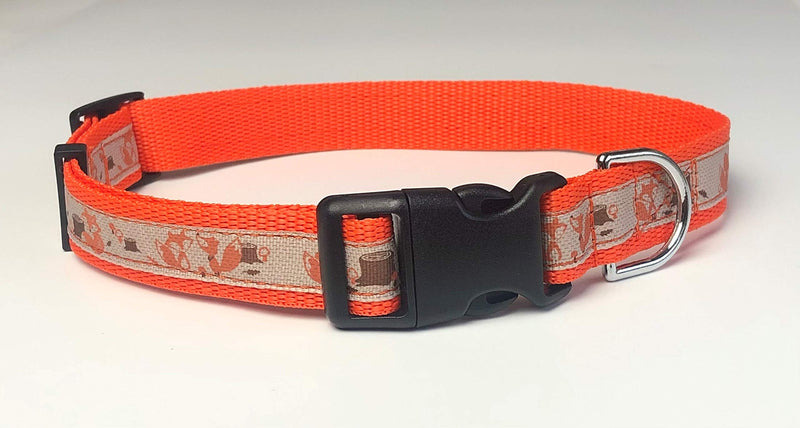 KLASSY K9 DOG COLLAR ORANGE PLAIN WEAVE WEBBING WITH AUTUMNAL MR FOX DESIGN 1" WIDE - PawsPlanet Australia