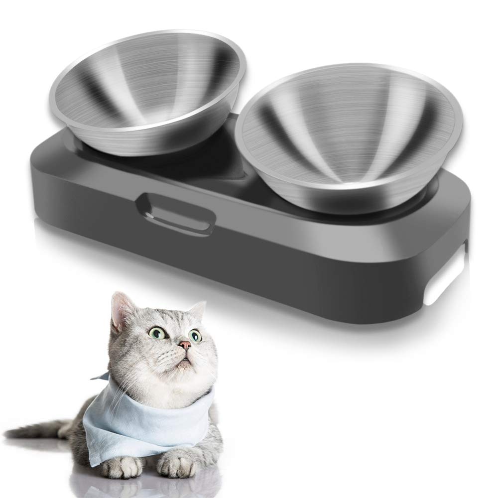 TANGN Raised Cat Feeding Bowl Stainless Steel Cat Food Dish Elevated with Non-Slip Stand, Tilted 15° Anti Vomiting Cat Bowls Designed for Kitten Puppy Pet Whisker Fatigue Dishwasher Safe (Double Bowl) Double Bowl - PawsPlanet Australia