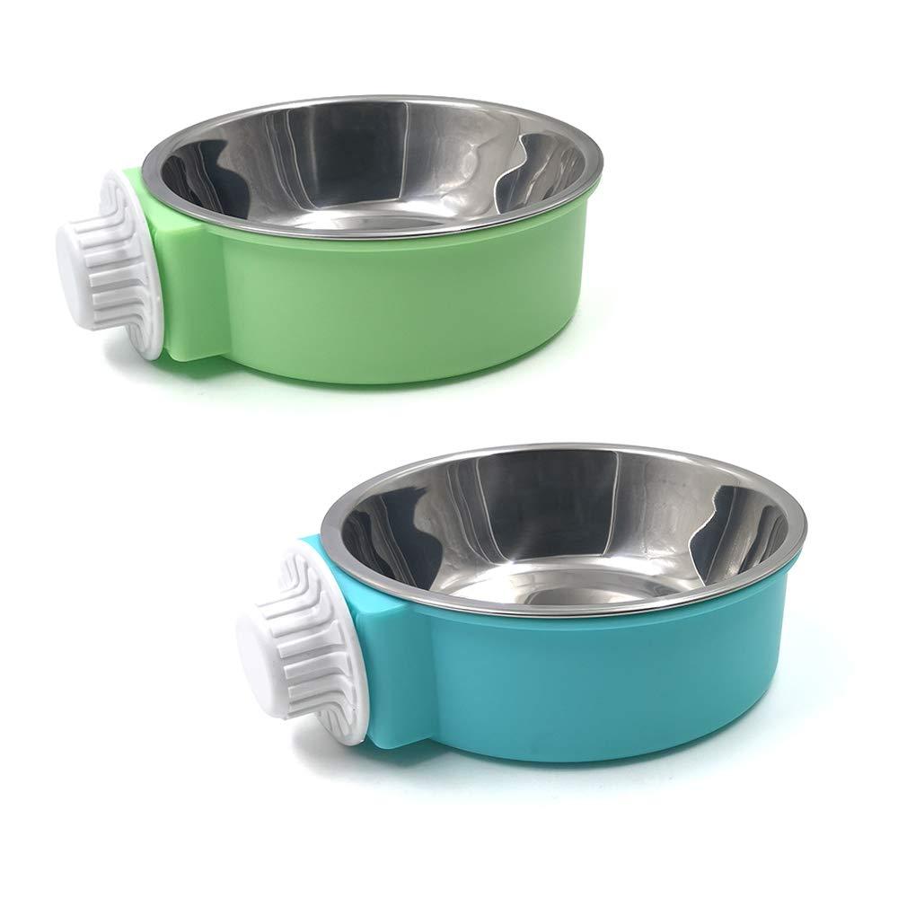 N//A 2Pcs Crate Dog Bowl, Removable Stainless Steel Hanging Pet Cage Bowl, Pet Food Water Bowl for Cat Puppy Bird Rabbit (GREEN,BLUE) GREEN,BLUE - PawsPlanet Australia