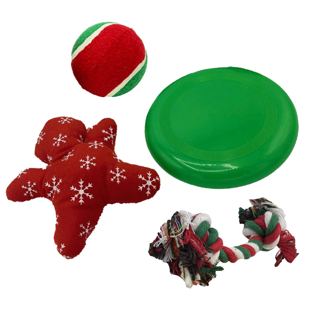 Dog Pack of 4 Interactive Christmas Pet Chew Toy Xmas Rope Frisbee Ball Pulse Xmas Toy Puppies Doggy Toys Xmas Gift Pack (Green) Green - PawsPlanet Australia